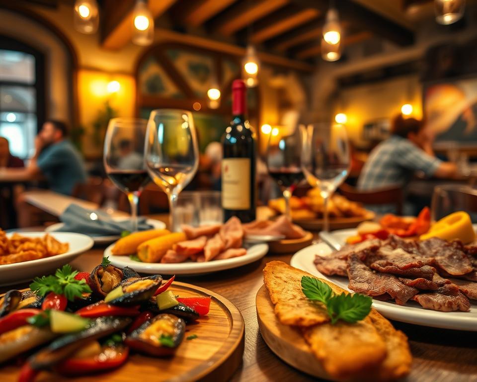 A beautifully arranged table featuring a variety of traditional tapas from San Sebastián, set against the warm glow of a rustic restaurant. In the foreground, colorful dishes include pintxos like marinated anchovies, stuffed peppers, and a charcuterie platter with cured meats, all garnished with fresh herbs. The middle layer showcases wine glasses and a bottle of local red wine, reflecting the inviting atmosphere. In the background, blurred patrons can be seen enjoying their meals, adding a lively yet cozy ambiance. The scene is softly illuminated by hanging lights, casting a warm, golden hue over the setting, evoking a sense of comfort and culinary delight. The angle captures the table from a low perspective, emphasizing the rich textures and colors of the food.