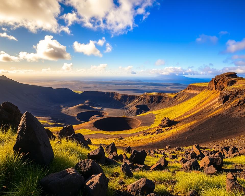 A breathtaking landscape of Caldera de los Cuervos in Lanzarote, showcasing its rugged geological features. In the foreground, sharp volcanic rock formations contrast with lush green grass patches, creating a vibrant scene. The middle ground captures the wide expanse of the caldera, with its unique craters and undulating terrain under a clear blue sky filled with soft white clouds. In the background, distant mountains provide depth to the vista. The lighting is warm and golden, as if illuminated by the late afternoon sun, enhancing the textures and colors. The atmosphere is tranquil and awe-inspiring, perfect for photography enthusiasts seeking to capture the beauty of nature. No people are present, ensuring focus remains solely on the stunning landscape.