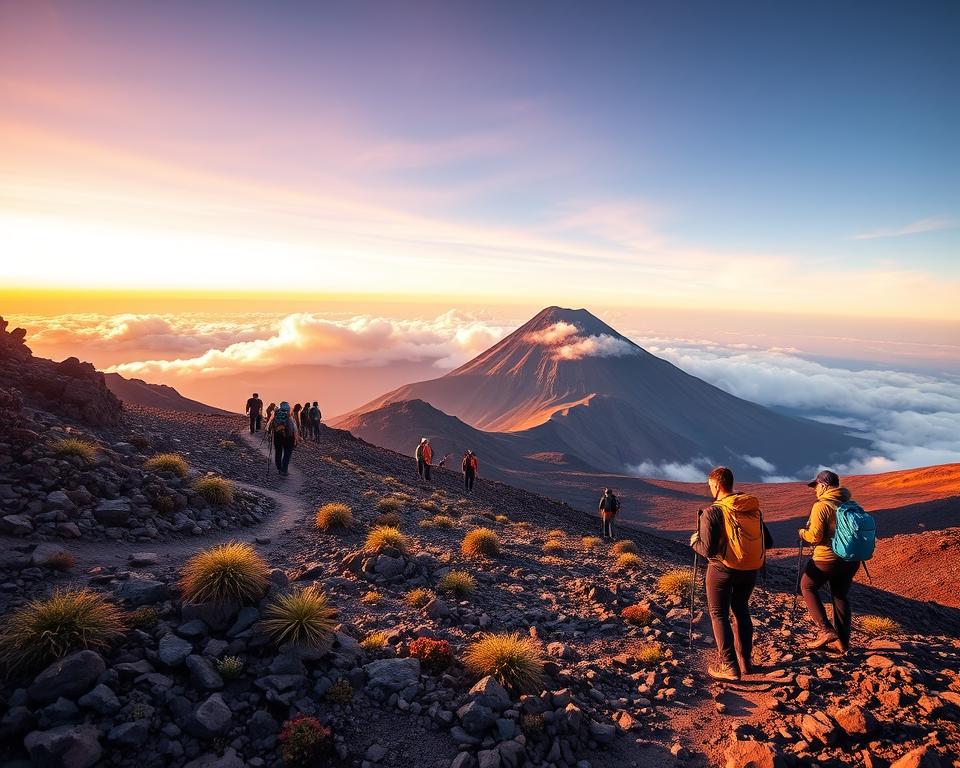A breathtaking scene depicting the ascent of Teide volcano, showcasing the diverse terrain of the hike. In the foreground, a rugged trail winds through rocky, volcanic landscape with patches of resilient flora, symbolizing the challenge of the climb. The middle ground features a group of hikers dressed in professional outdoor attire, focused on their journey, carrying backpacks and trekking poles. The background reveals the dramatic peak of Teide, towering against a vibrant sky at sunrise, casting warm golden hues and soft shadows across the landscape. The atmosphere is one of adventure and perseverance, with ethereal clouds gently wrapping around the mountain. Utilize bright, natural lighting with a wide-angle lens to capture the expansive vista, emphasizing both the beauty and the significance of this iconic hike.