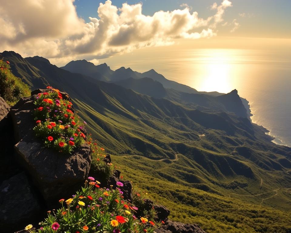 A breathtaking view from one of the Miradores Anaga, showcasing the rugged cliffs and lush greenery of the Anaga mountain range in Tenerife. In the foreground, a rocky outcrop adorned with vibrant wildflowers, capturing the beauty of the local flora. The middle ground features a panoramic vista of steep hills blanketed in rich vegetation, with winding trails visible below, inviting hikers to explore. In the background, the Atlantic Ocean sparkles under a warm, golden sunset, casting a soft glow over the landscape. Natural light filters through scattered clouds, creating a serene and tranquil atmosphere. The scene is captured from a slightly elevated angle, emphasizing depth and the dramatic landscape, inviting viewers to immerse themselves in the natural beauty of this enchanting region.