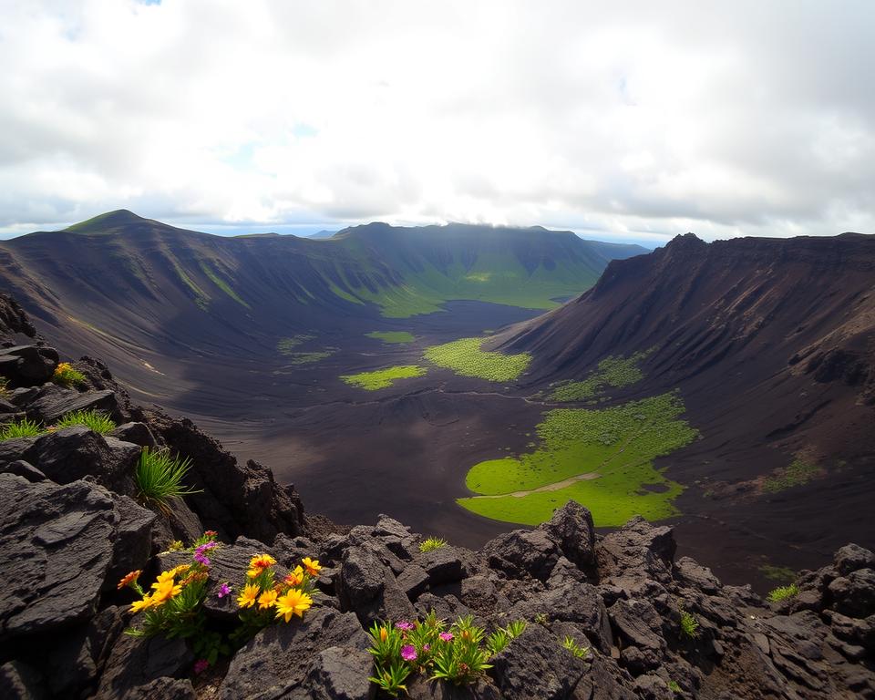 A breathtaking view of Caldera de los Cuervos, showcasing the dramatic contrast between the rugged crater rim and the vibrant crater floor below. In the foreground, jagged volcanic rocks with patches of colorful wildflowers add texture and life. The middle ground features a lush, green landscape interspersed with dark volcanic soil, leading to the vast, crater floor, dotted with small shrubs and unique geological formations. In the background, a cloudy sky filters sunlight, casting soft, diffused light across the scene, enhancing its depth and drama. The overall mood is one of serene adventure, inviting exploration and appreciation of nature’s beauty. The perspective is slightly elevated, giving a panoramic view while maintaining a sense of immersion in this stunning volcanic environment.
