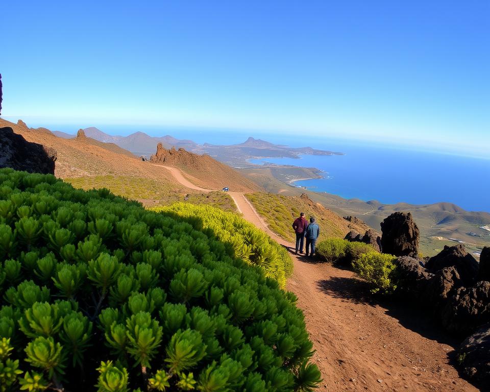 A breathtaking view of Fuerteventura, capturing the dramatic landscape of Gran Tarajal. In the foreground, show vibrant green shrubs and rocky formations slightly in shadow, illuminated by the warm, golden light of a late afternoon sun. The middle ground features a winding dirt path leading to a scenic lookout point where visitors can take in the view. In the background, depict rolling hills and the distant coastline with the sparkling blue ocean under a clear sky. Use a wide-angle lens perspective to create depth, inviting the viewer into the landscape. The overall mood is serene and peaceful, encouraging exploration and appreciation of nature.