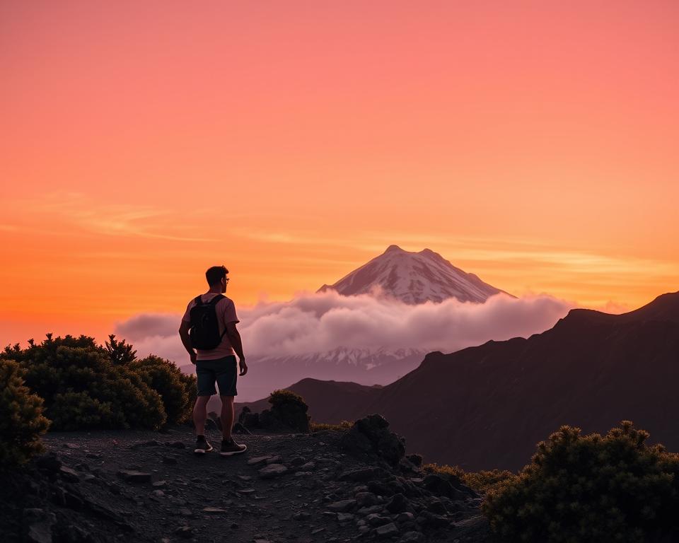 A breathtaking view of Mount Teide during the best time for hiking, capturing the vibrant colors of sunrise. In the foreground, a rugged path leads up the mountain, flanked by native Canarian flora. In the middle ground, a hiker in modest casual clothing admires the view, silhouetted against the golden morning light. The background features the imposing, snow-capped summit of Teide, partially shrouded in wispy clouds. The sky is painted in warm hues of orange and pink, signifying the early morning atmosphere. The lighting is soft and diffused, creating a serene and inviting mood, perfect for outdoor adventure enthusiasts. The scene conveys anticipation and the beauty of nature, ideal for a hiking guide.