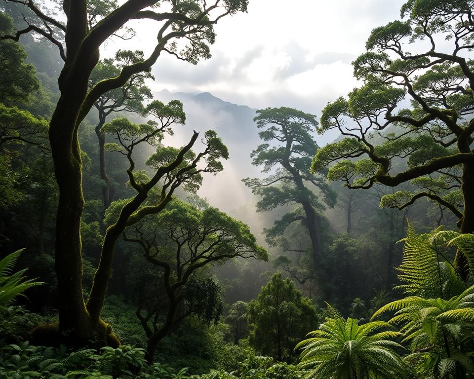 A breathtaking view of Nationalpark Garajonay, showcasing its lush, ancient laurel forests. In the foreground, dense, vibrant green foliage with moss-covered trunks and delicate ferns. The middle ground features towering trees shrouded in mist, creating a mystical atmosphere. Gentle sunlight breaks through the clouds, casting soft, dappled light throughout the scene. In the background, distant mountain peaks are partially obscured by a veil of fog, enhancing the sense of depth. The overall mood is tranquil and awe-inspiring, evoking a sense of adventure and connection to nature. The image should be captured with a wide-angle lens to emphasize the vastness of the park, while maintaining a sharp focus on the intricate details of the flora. No humans or text elements present.