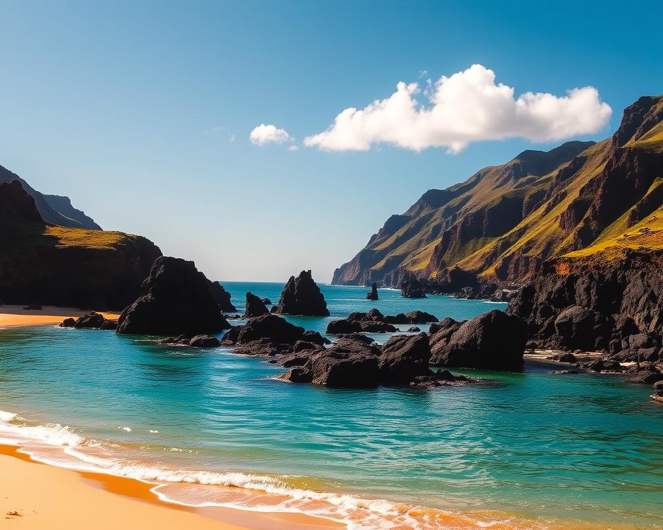 A breathtaking view of Playa Benijo, located in the stunning Anaga Mountains of Tenerife. In the foreground, soft, golden sands stretch along the shoreline, with gentle waves lapping at the beach. In the middle ground, silhouettes of rugged volcanic rocks rise dramatically from the sea, contrasting against the turquoise water. The background showcases steep, lush cliffs covered in vibrant greenery, under a clear blue sky dotted with a few fluffy white clouds. The scene is bathed in warm, late afternoon sunlight, creating a golden glow and enhancing the natural beauty of the landscape. The mood is serene and inviting, perfect for capturing the essence of a coastal hike in this idyllic setting.