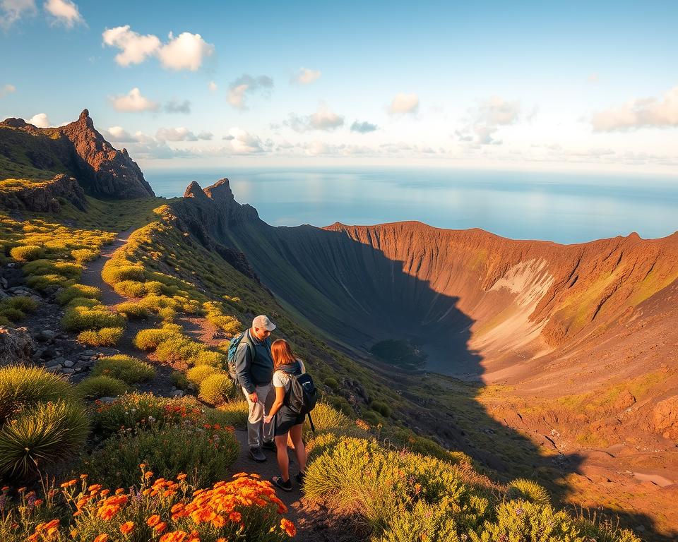A breathtaking view of Route Caldera de los Cuervos, showcasing a winding hiking trail that meanders through lush, green vegetation and rugged volcanic rock. In the foreground, a couple of hikers in modest casual clothing are pausing to take in the scenery, surrounded by vibrant wildflowers. The middle ground reveals the distinct, deep caldera with its dramatic cliffs, while in the background, the horizon stretches into a clear blue sky with soft, fluffy clouds. The lighting is warm and golden, suggesting early morning or late afternoon, casting soft shadows and highlighting the textures of the landscape. The atmosphere is serene and inviting, encouraging exploration and adventure amidst the stunning natural beauty.