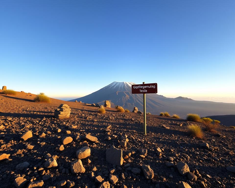 A breathtaking view of Teide, the majestic volcano in Tenerife, rises prominently in the background under a brilliant blue sky. The foreground features a rugged, rocky path with scattered volcanic stones leading upwards, symbolizing the hiking challenge. In the middle ground, a signpost indicating "Gipfelgenehmigung Teide" stands firm, surrounded by sparse desert-like vegetation. Golden hour lighting casts a warm glow on the landscape, creating long shadows that enhance the texture of the terrain. The atmosphere is serene yet adventurous, attracting hikers eager for their summit experience. Capture this iconic vista from a slightly elevated angle to emphasize the grandeur of Teide while ensuring the path is inviting for those seeking a legal ascent to the summit.