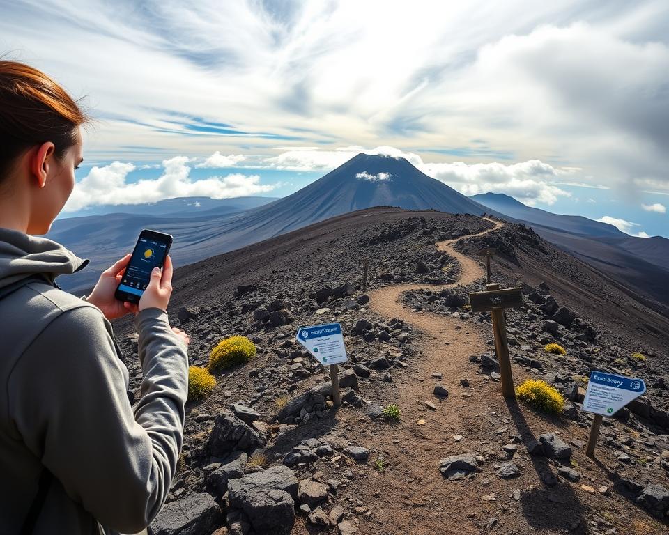 A breathtaking view of a hiking trail on Mount Teide, with a focus on safety measures. In the foreground, a hiker dressed in modest athletic clothing checks a weather app on their smartphone, demonstrating the importance of monitoring conditions. The middle ground features a winding path with signs indicating altitude and safety tips, surrounded by rugged volcanic rock formations and scattered wildflowers. In the background, the majestic volcanic peak of Teide looms under a dramatic sky, showcasing shifting weather patterns as sunlight breaks through clouds. The scene is captured with a wide-angle lens, evoking a sense of wonder and adventure while emphasizing the potential hazards of mountain hiking. The overall mood is one of awe, alertness, and preparedness, inviting viewers to explore while respecting the mountain's unpredictability.