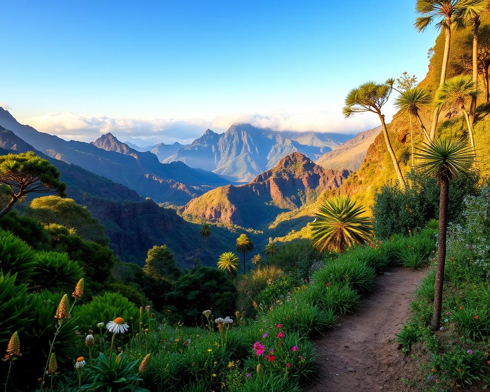 A breathtaking view of the Anaga Mountains in Tenerife, showcasing scenic hiking trails. In the foreground, a narrow, winding path lined with lush greenery and colorful wildflowers invites exploration. In the middle ground, a diverse array of rugged cliffs and valley landscapes are framed by tropical vegetation, revealing glimpses of towering pine trees and endemic flora. The background captures the majestic peaks of the Anaga mountains, partially shrouded in mist, under a clear blue sky. Soft, warm sunlight filters through the foliage, casting gentle shadows that enhance the serene atmosphere. The scene is tranquil, evoking a sense of adventure and connection to nature, ideal for hikers of all levels.