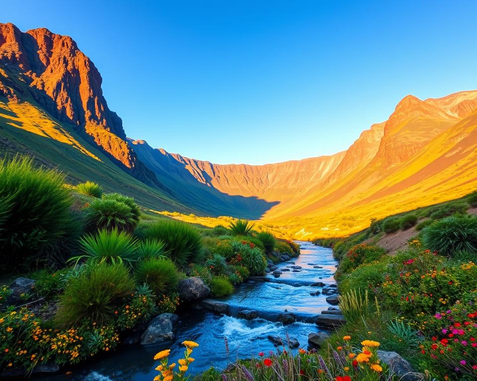 A breathtaking view of the Caldera de los Cuervos during the optimal travel season, showcasing vibrant greenery and dramatic volcanic formations in the foreground. The middle ground features a gently flowing stream with crystalline waters reflecting the sun, surrounded by colorful wildflowers. In the background, the caldera’s steep cliffs rise majestically under a clear blue sky, emphasizing the impressive geological structure. The lighting is warm and inviting, with soft golden hour tones illuminating the scene, creating a tranquil and serene atmosphere. Shot from a slightly elevated angle to capture the full scale of the landscape, with a wide lens to include the expansive sky and vibrant colors that evoke a sense of adventure and exploration.