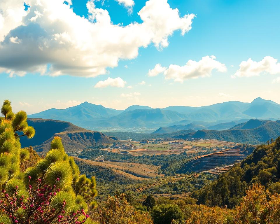 A captivating view of La Palma, the "Isla Bonita," showcasing its unique microclimate. The foreground features lush, vibrant greenery including native flora and the iconic Canarian pine trees. In the middle ground, reveal terraced fields with farmer's huts, emphasizing the island's agricultural heritage. The background displays dramatic volcanic mountains and valleys under a bright blue sky, punctuated by fluffy white clouds. Golden sunlight bathes the scene, casting soft shadows and highlighting the rich colors of the landscape. The mood is serene and inviting, echoing the tranquil beauty of La Palma. The image should be composed with a wide-angle lens to capture the depth and majesty of the terrain, ensuring a breathtaking panoramic view.