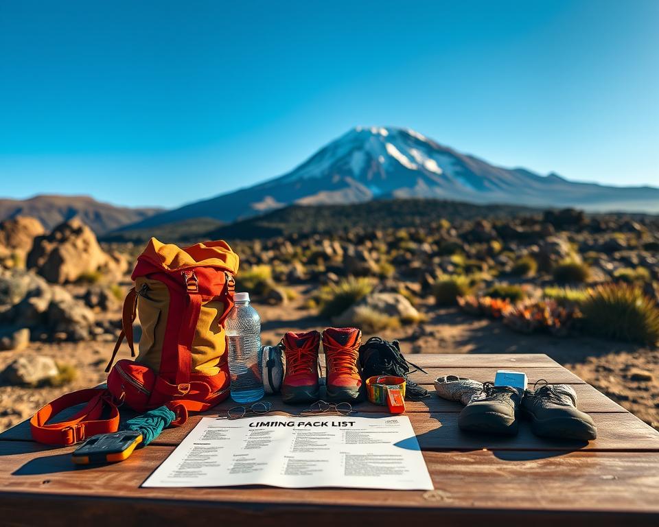 A detailed hiking pack list for climbing Teide, prominently displayed on a wooden picnic table in a serene outdoor setting. In the foreground, focus on colorful items such as a sturdy backpack, hiking boots, water bottle, and climbing gear, elegantly arranged to showcase their importance. In the middle ground, capture scenic volcanic rocks and unique flora from Teide National Park, providing context for the hike. The background features the majestic Teide mountain under a clear blue sky, bathed in warm, golden sunlight, casting gentle shadows. The atmosphere should feel adventurous yet inviting, suggesting preparation for an unforgettable journey. Use a slightly elevated angle to emphasize the pack list and surrounding environment, creating a balanced, engaging image.