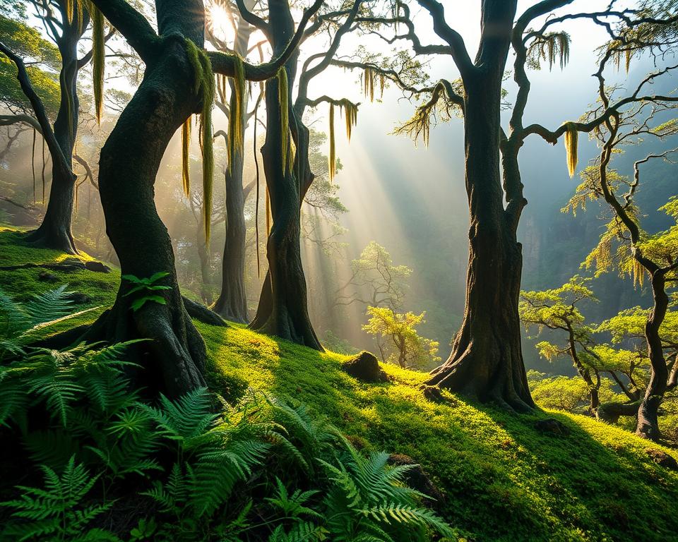 A mystical view of the Nebelwald in Tenerife, showcasing a lush, green laurel forest shrouded in soft mist. In the foreground, delicate ferns and vibrant moss carpets the ground, while rugged, gnarled tree trunks rise, their branches adorned with trailing lichen. In the middle ground, sunlight filters through the dense canopy overhead, creating ethereal rays that highlight the vibrant greens and browns of the foliage. The background features towering cliffs lightly veiled in fog, adding depth to the scene. The overall atmosphere is tranquil and enchanting, evoking a sense of wonder and exploration. Use a soft focus with warm, diffused lighting to enhance the magical quality of the Nebelwald, and capture the scene from a slightly elevated angle to showcase the forest’s grandeur and mystery.