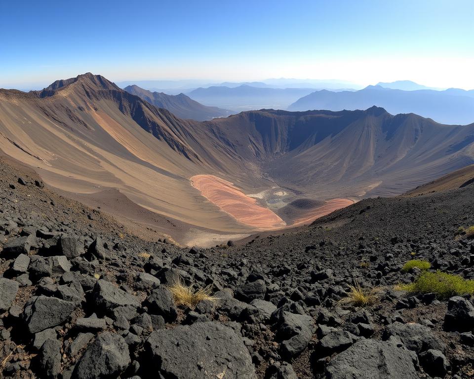 A panoramic view of Caldera de los Cuervos showcasing its dramatic geological features. In the foreground, rugged lava rocks and sparse vegetation highlight the volcanic origins. The middle ground captures the caldera's deep crater, layered with colorful volcanic ash and rock formations. In the background, a clear sky contrasts with the surrounding mountains, providing a striking backdrop. Soft, warm sunlight bathes the scene, emphasizing textures and the colors of the geological strata. Capture the sense of scale and majesty, with the camera positioned at a low angle to enhance the height of the surrounding cliffs. The atmosphere is serene yet awe-inspiring, inviting viewers to explore the geological wonders of the volcanic landscape.