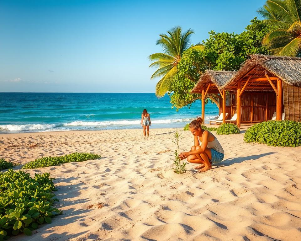 A picturesque beach scene at Playa de la Solapa, highlighting sustainable travel practices. In the foreground, a serene sandy beach adorned with lush, native vegetation. A family in modest casual clothing is seen planting small trees in the sand, symbolizing conservation efforts. In the middle ground, eco-friendly beach huts made of bamboo and straw blend harmoniously with the environment. The background features a stunning turquoise ocean gently lapping at the shore, with a clear blue sky above. The lighting is warm and inviting, capturing the golden hour, casting soft shadows. The ambiance is tranquil and hopeful, emphasizing the importance of protecting unspoiled beauty through sustainable tourism practices.