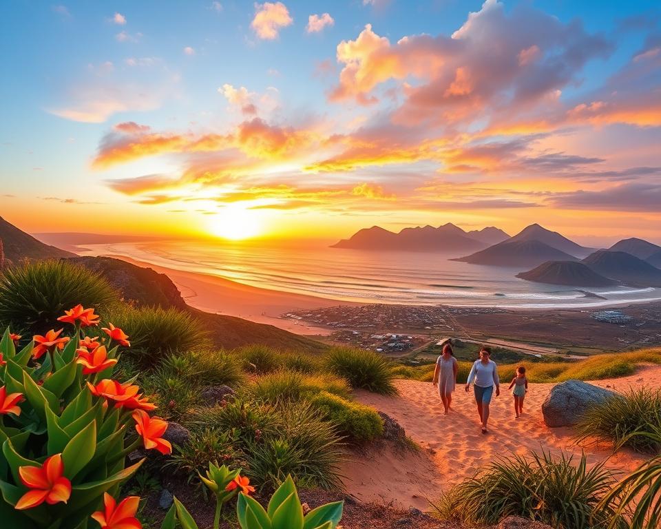 A picturesque landscape featuring various Canary Islands in a warm, inviting atmosphere. In the foreground, showcase vibrant tropical plants and flowers, indicative of the islands’ mikroklimata. The middle layer displays a serene beach with soft golden sand, where families enjoy leisure activities, dressed in modest casual clothing, capturing the essence of a warm vacation. In the background, rolling hills and volcanic mountains are bathed in the soft light of a vibrant sunset, casting warm hues of orange and pink across the sky. The scene should evoke feelings of relaxation and tranquility while highlighting the ideal vacation spots on each island. Use a wide-angle lens to capture the expansive beauty and richness of this unique climate.