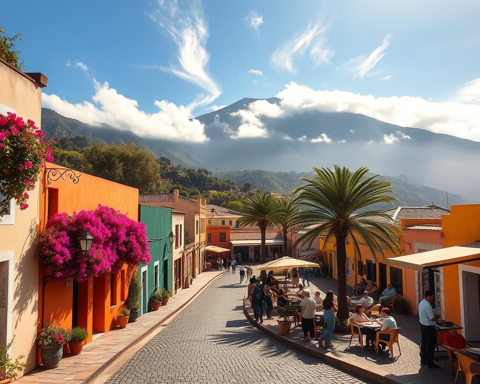 A picturesque scene of San Sebastián de La Gomera, showcasing its vibrant coastal charm and lush hillside backdrop. In the foreground, a charming, narrow cobblestone street lined with colorful traditional Canarian houses, adorned with bougainvillea and fragrant flowers. In the middle ground, a small plaza bustling with modestly dressed locals and tourists, enjoying coffee at outdoor cafes, while palm trees sway gently in the breeze. The background dramatically features the volcanic mountains of La Gomera, partially enveloped in wispy clouds under a bright blue sky. The sunlight casts warm tones, enhancing the inviting atmosphere and sense of adventure. Capture the scene with a wide-angle lens, emphasizing depth and the beauty of this idyllic island getaway. The overall mood is cheerful and inviting, reflecting the thrill of exploring the island.