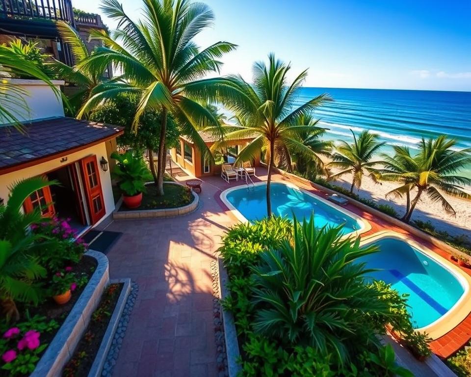 A picturesque scene showcasing charming accommodations near Playa de la Solapa, focusing on a cozy boutique hotel with an inviting facade, surrounded by lush tropical vegetation. In the foreground, a well-maintained pathway leads to the entrance, lined with vibrant flowers and welcoming seating areas. The middle ground features a sparkling pool area, complete with comfortable loungers and shaded spots under palm trees. In the background, the stunning coastline of Playa de la Solapa stretches out, with gentle waves lapping at the pristine sandy beach under a clear blue sky. The lighting is warm and inviting, reminiscent of a late afternoon sun, casting soft shadows that enhance the tranquil, relaxing atmosphere. Opt for a wide-angle view to capture the idyllic setting in full detail.