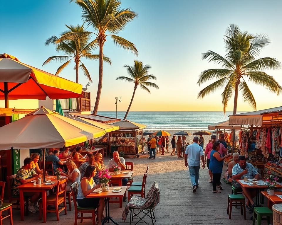A picturesque seaside scene depicting charming restaurants and cafés near Playa de la Solapa. In the foreground, include colorful outdoor seating areas with umbrellas, cozy tables adorned with fresh flowers, and patrons enjoying meals in modest casual clothing. The middle ground showcases a vibrant market with local artisans selling crafts, while the background features a stunning view of the beach with gentle waves and palm trees swaying in the breeze. The lighting is warm and inviting, capturing the golden hour just before sunset, creating a serene and friendly atmosphere. The scene should evoke a sense of relaxation and joy, enticing viewers to explore the culinary delights and shopping options available close to the beach.