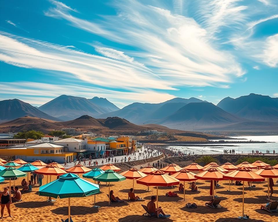 A picturesque view of Gran Tarajal, Fuerteventura, showcasing its best travel season. In the foreground, vibrant beach umbrellas line the sandy shores, with visitors enjoying the warm sun in casual attire. The middle ground features the charming coastal town, with its colorful buildings and bustling promenade, where locals and travelers interact, capturing a lively atmosphere. The backdrop reveals dramatic volcanic mountains under a bright blue sky, with wispy white clouds. Golden sunlight bathes the entire scene, enhancing the warmth and inviting mood of a perfect vacation day. The image conveys relaxation and adventure, ideal for attracting visitors to experience Gran Tarajal. The composition captures the essence of the town's inviting spirit during the optimal travel season.