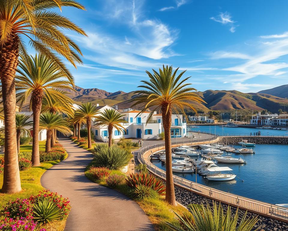 A picturesque view of Gran Tarajal in Fuerteventura, showcasing a sunny coastal scene. In the foreground, capture a winding pathway lined with lush palm trees and colorful local flora, inviting visitors towards the beach. The middle ground features charming whitewashed buildings with vibrant blue shutters, typical of the Canarian architecture, alongside the bustling harbor with small boats gently bobbing in the water. In the background, gently rolling hills and a clear blue sky with wispy clouds complete the serene atmosphere. The scene is bathed in warm, golden sunlight, enhancing the vibrant colors and creating a welcoming vibe. Use a wide-angle lens to emphasize the beauty of the landscape, conveying a sense of mobility and exploration in this idyllic seaside town.