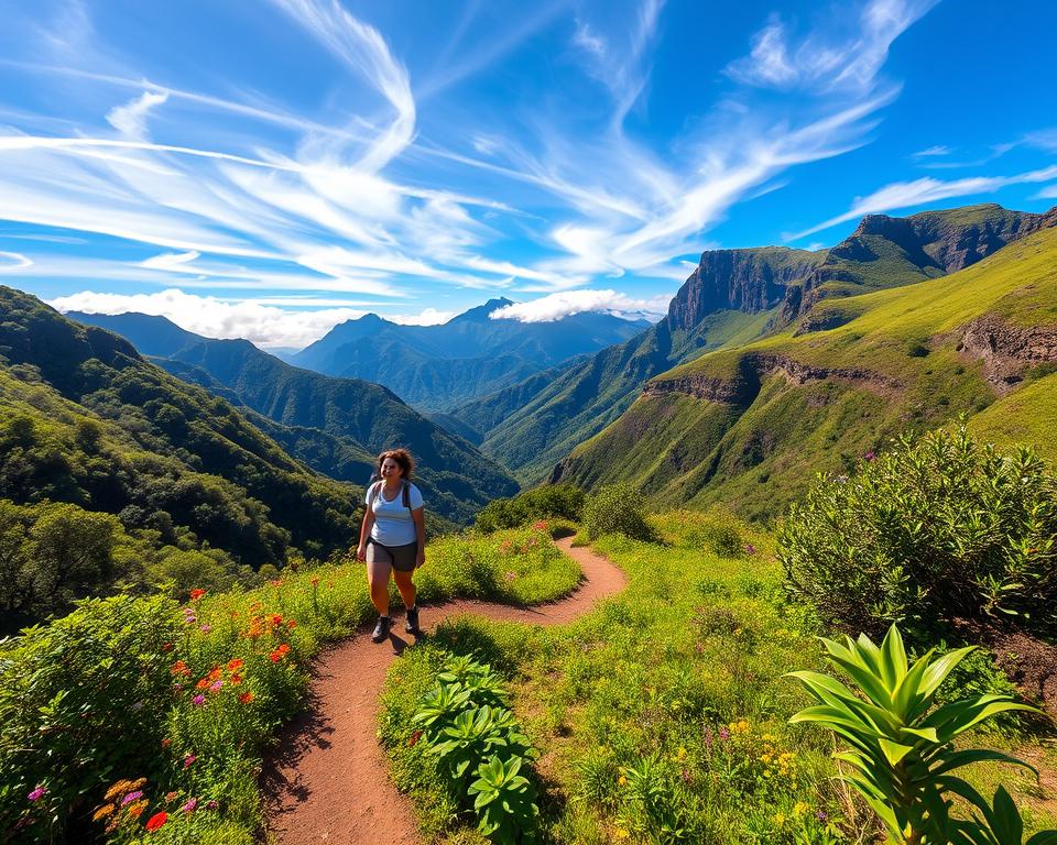 A picturesque view of La Gomera's lush landscapes, showcasing a serene hiking trail surrounded by vibrant green forests and dramatic cliffs. In the foreground, a winding path invites exploration, lined with colorful wildflowers and tropical plants. The middle-ground features hikers in casual outdoor clothing, enjoying the gentle warmth of the sun, their expressions reflecting joy and tranquility. In the background, the majestic mountains rise under a bright blue sky, interspersed with wispy white clouds, illuminating the scene with soft, warm sunlight. The atmosphere is serene and inviting, perfect for nature lovers seeking adventure. Use a wide-angle lens to capture the expansive scenery, emphasizing the lush greenery and the inviting path ahead.
