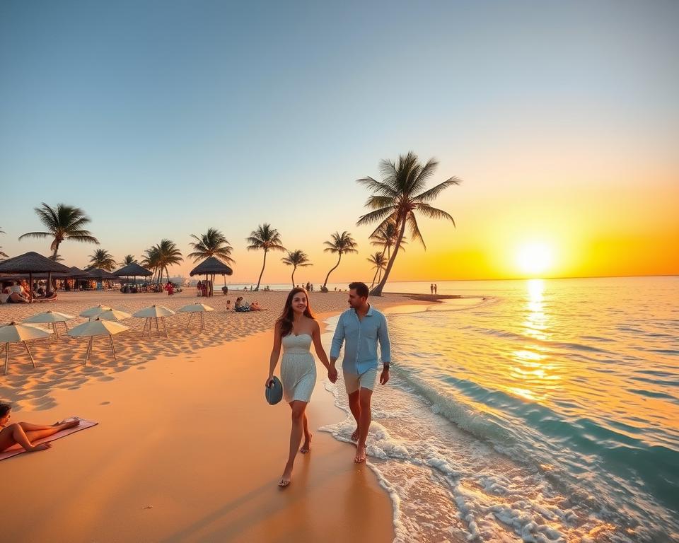 A picturesque view of Playa de la Solapa during the best travel season, showcasing a serene beach with soft golden sand and gentle turquoise waves lapping at the shore. In the foreground, include a couple in modest casual clothing enjoying the sunset, taking a peaceful stroll along the water's edge. The middle ground features swaying palm trees and beach umbrellas providing shade, with a few local beachgoers relaxing on towels. In the background, the sun sets on the horizon, casting warm, golden hues across the sky, reflecting off the water's surface. Capture a tranquil atmosphere with soft lighting, emphasizing a serene and inviting mood. Use a wide-angle lens to capture the expansive beauty of this tropical paradise, focusing on the tranquil essence of a perfect getaway.