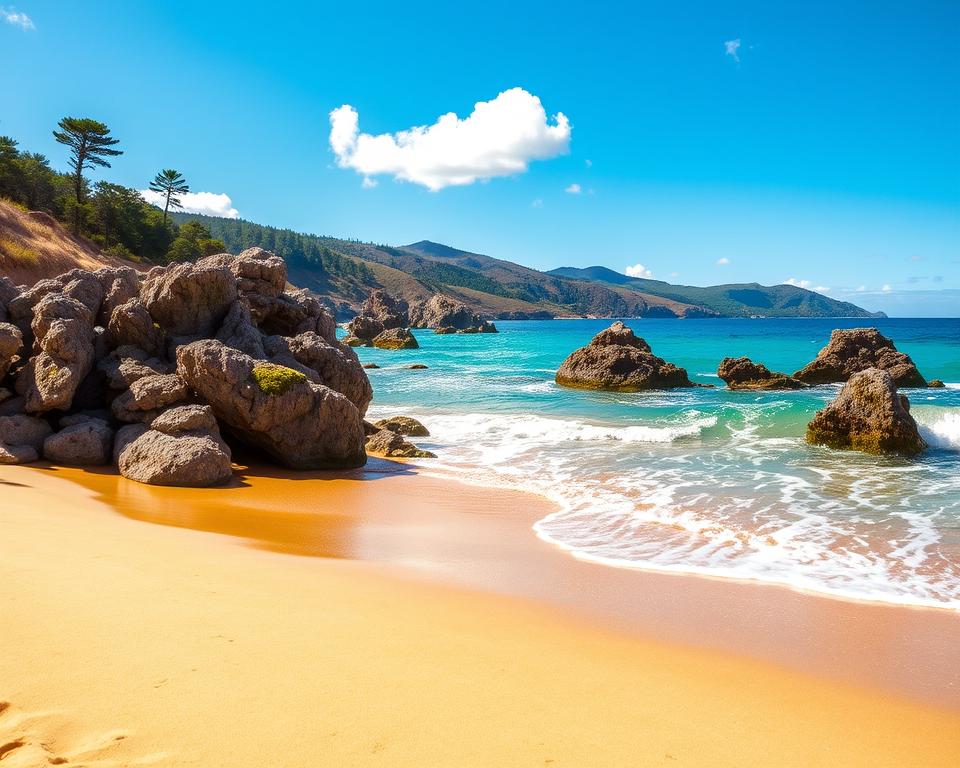 A picturesque view of Playa de la Solapa, showcasing the beach character with soft golden sand in the foreground, inviting gentle waves lapping at the shore. The middle ground features rugged, weathered rocks protruding from the water, adorned with patches of lush green moss, creating a stark contrast with the vibrant turquoise sea. In the background, a stunning natural landscape of rolling hills and dense pine trees envelops the beach, all under a bright blue sky with a few fluffy clouds. Soft sunlight illuminates the scene, casting gentle reflections on the water's surface, while the atmosphere conveys a sense of tranquility and serenity, inviting viewers to relax and enjoy the beauty of nature.