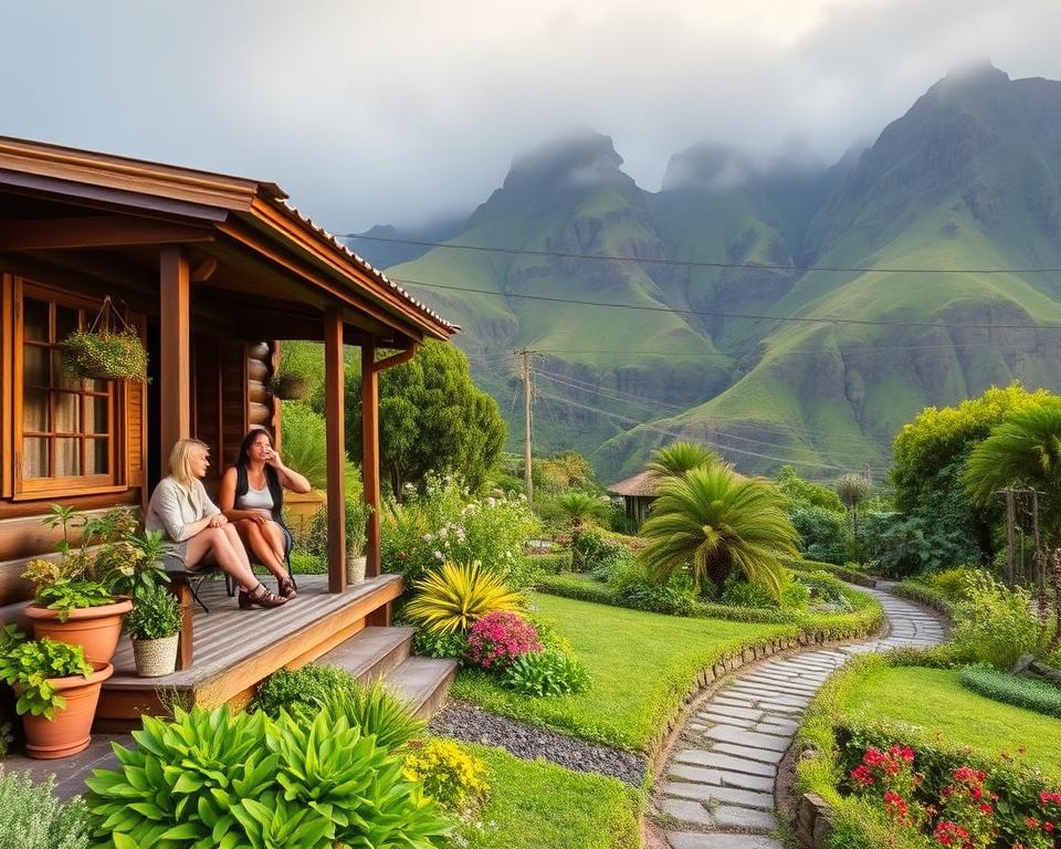 A picturesque view of "Unterkunft Anaga," nestled in the lush Anaga Mountains of Tenerife. In the foreground, a cozy wooden cabin with a rustic charm, featuring a welcoming porch adorned with potted plants. A couple of hikers in modest casual clothing enjoy a moment of relaxation on the porch, sipping local herbal tea. In the middle ground, well-manicured gardens with native flora, leading to a scenic path that winds through the vibrant greenery. The background showcases the majestic mountains shrouded in mist, with dramatic cliffs and a rich palette of greens and browns. Soft, warm lighting bathes the scene, suggesting a late afternoon glow, creating a tranquil and inviting atmosphere. The perspective is slightly elevated, offering a comprehensive view of this serene hideaway, emphasizing its connection to nature.