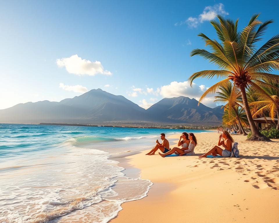 A picturesque view of the Canary Islands during winter, featuring a tranquil beach with golden sand and clear turquoise waters. In the foreground, include gentle waves lapping at the shore, with a few palm trees swaying lightly in the breeze. In the middle ground, showcase a group of cheerful travelers dressed in modest summer attire, enjoying the warmth of the sun, perhaps lounging on beach towels or sipping cold drinks. The background should depict dramatic volcanic mountains under a bright blue sky with a few fluffy white clouds, highlighting the islands' unique geography. The lighting should be warm and inviting, capturing the essence of winter sun, with soft shadows creating a relaxing atmosphere. Use a wide-angle perspective to convey the vastness of this idyllic setting.