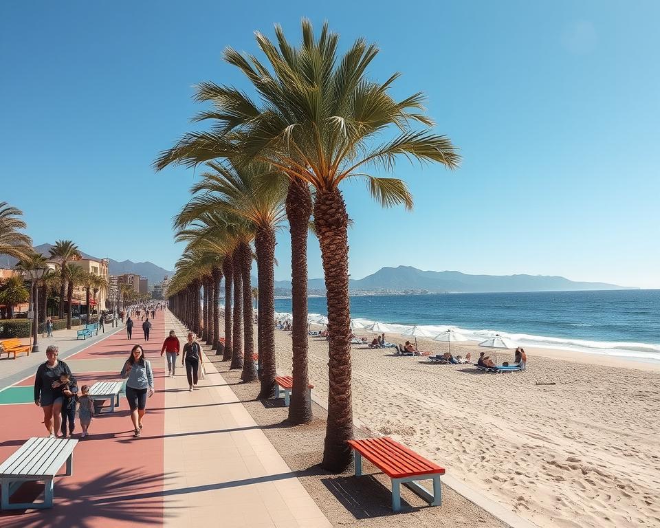 A picturesque view of the Promenade Gran Tarajal on the sunny shores of Fuerteventura. In the foreground, families stroll along the vibrant walkway lined with palm trees and colorful benches, engaging in leisurely activities. The middle ground showcases the sandy beach, where a few people, dressed in modest casual attire, relax under beach umbrellas, enjoying the gentle waves lapping at the shore. In the background, the tranquil sea glimmers under a clear blue sky, with distant mountains framing the scene. Capture the warm, inviting atmosphere of a sunny day, highlighting the vibrant colors and soft lighting characteristic of a coastal paradise. Use a wide-angle lens to emphasize the expansive view, evoking a sense of relaxation and joy.