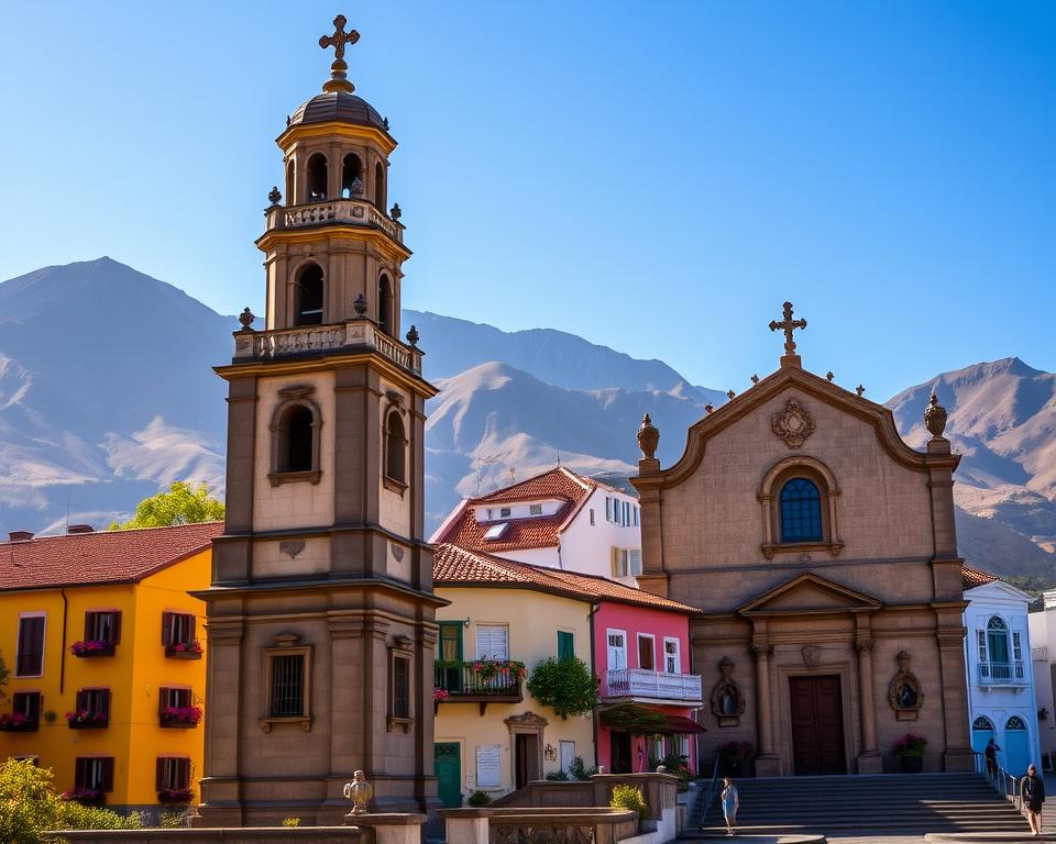 A picturesque view of the cultural heritage in San Sebastián de La Gomera, depicting the elaborately designed Church of Our Lady of the Assumption in the foreground, showcasing its beautiful bell tower and ornate facade. In the middle, feature traditional Canarian houses with colorful facades and vibrant flowers, reflecting local architecture. The background reveals the stunning volcanic mountains that surround the town, slightly blurred to emphasize depth. The scene is bathed in warm, golden sunlight, creating a welcoming atmosphere. A clear blue sky adds to the serene mood, inviting viewers to explore the rich history and customs of this charming destination. Capture this vibrant scene from a slightly elevated angle to provide a comprehensive view of the town's cultural highlights.