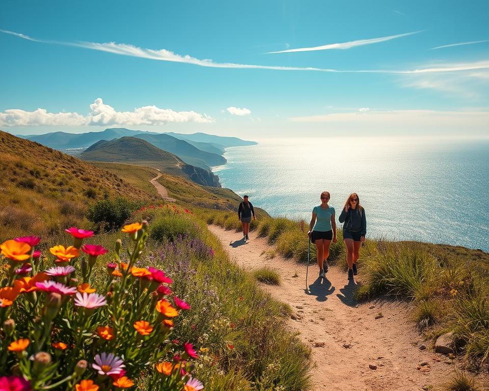 A scenic coastal path of "Küstenweg" winding along the shimmering shores of Playa de la Solapa. In the foreground, vibrant wildflowers and lush green grasses frame the path, inviting the viewer to embark on a journey. The middle ground showcases hikers dressed in modest active wear, enjoying the embrace of nature as they explore the terrain. In the background, gently rolling hills meet the sparkling blue ocean, reflecting the golden hues of a late afternoon sun. Wispy clouds lazily drift across the sky, casting soft shadows on the landscape. The overall mood is tranquil and uplifting, evoking a sense of adventure and appreciation for nature's beauty. Use a warm, natural lighting effect to enhance the idyllic atmosphere.