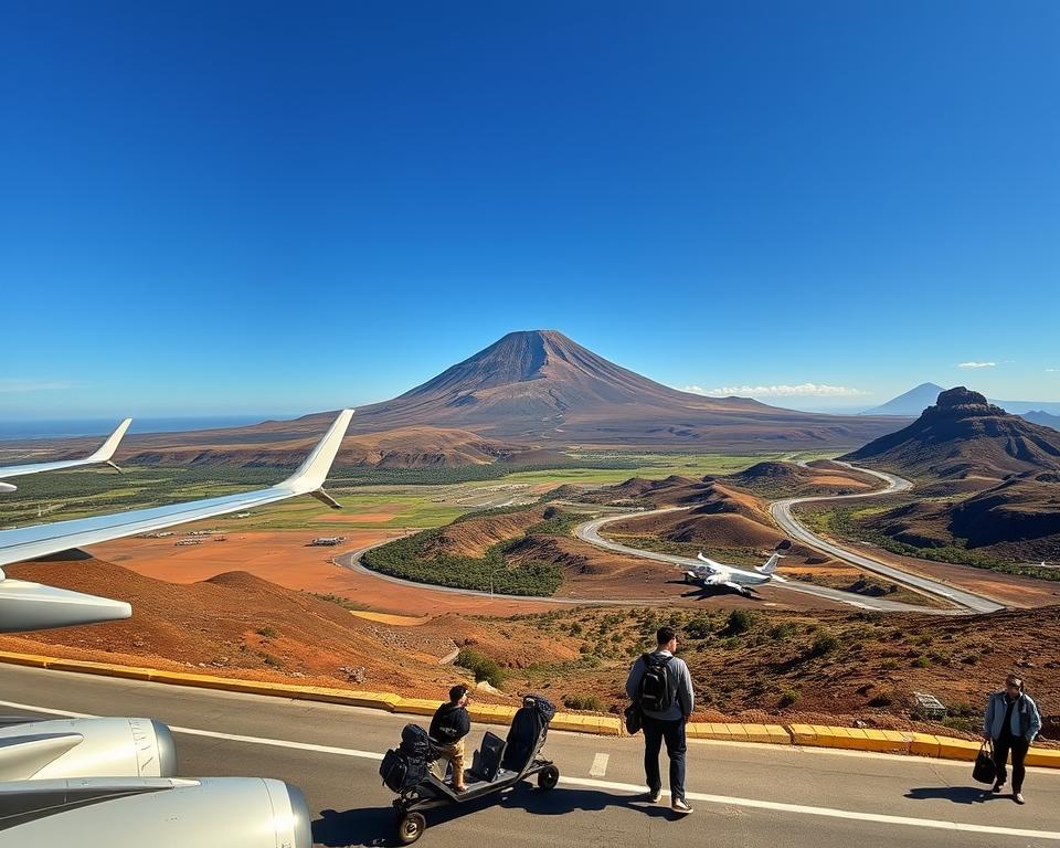 A scenic view capturing the journey to Mount Teide from Germany, highlighting a travel scene in the foreground of an airport with modern airplanes and passengers in casual travel attire, set against a backdrop of the majestic Teide volcano under a clear blue sky. In the middle ground, showcase a picturesque landscape featuring the lush greenery of Tenerife, with winding roads leading to the summit, surrounded by rugged terrain and volcanic rock formations. The atmosphere is vibrant and inviting, conveying the excitement of exploration and adventure. Soft, warm sunlight casts gentle shadows, enhancing the natural colors of the landscape. A wide-angle lens perspective provides a broad vision of the travel experience.