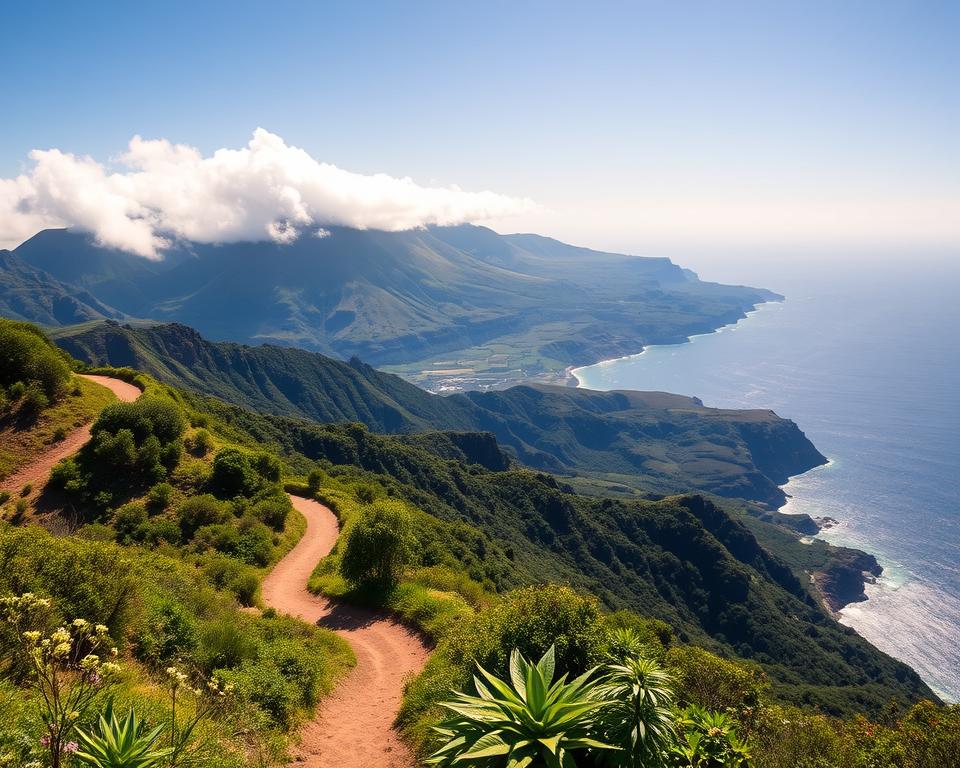 A scenic view of the Anaga mountains in Tenerife during the ideal travel season, showcasing lush green forests and rugged landscapes. In the foreground, a winding hiking trail leads toward the mountains, dotted with wildflowers and local flora. The middle ground features the majestic peaks of the Anaga range, partially shrouded in soft white clouds, revealing hints of their dramatic shapes. In the background, the deep blue Atlantic Ocean glistens under sunny skies, reflecting the tranquil climate. The light is warm and inviting, with early morning sunlight casting gentle shadows, enhancing the vibrant colors of the landscape. Capture the mood of adventure and serenity, making it evident that this is a perfect time for exploring nature and hiking in this stunning location.