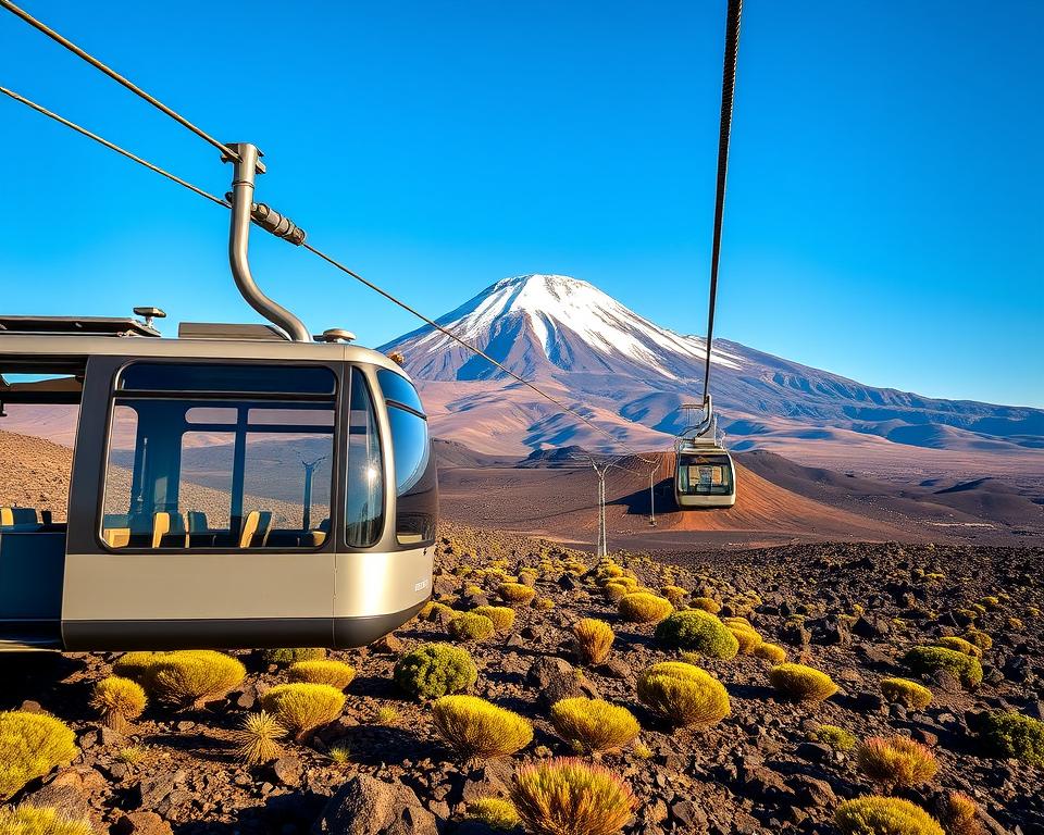 A scenic view of the Teide cable car leading up to the majestic Mount Teide in Tenerife, Spain. In the foreground, capture the sleek, modern cable car with large windows, showcasing its journey along the steel cable. In the middle ground, illustrate the rocky terrain and vibrant volcanic landscape, dotted with unique shrubs and flora. In the background, show the towering Mount Teide, its peak crowned with a dusting of snow, under a bright blue sky. Golden sunlight bathes the scene, creating dramatic shadows and highlighting the natural textures. The serene atmosphere should evoke a sense of adventure and exploration, enticing viewers to consider this unique way to experience the mountain.