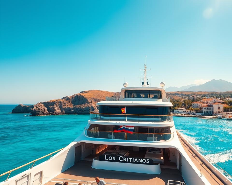 A scenic view of the ferry "Los Cristianos" arriving at the harbor of San Sebastián de La Gomera, with crystal-clear turquoise waters reflecting the bright blue sky. In the foreground, the ferry is prominently displayed, modern and sleek, with colorful flags fluttering in the breeze. In the middle ground, picturesque coastal cliffs and vibrant green vegetation create a stunning backdrop, while charming white-washed buildings with red-tiled roofs dot the shoreline. The distant mountains add depth to the background, shrouded in soft morning light. Capture a vibrant, sunny atmosphere, perfect for travel inspiration. Use a wide-angle lens to emphasize the expansive view, focusing on the ferry's details. The lighting should be bright and inviting, showcasing a tranquil Mediterranean vibe.