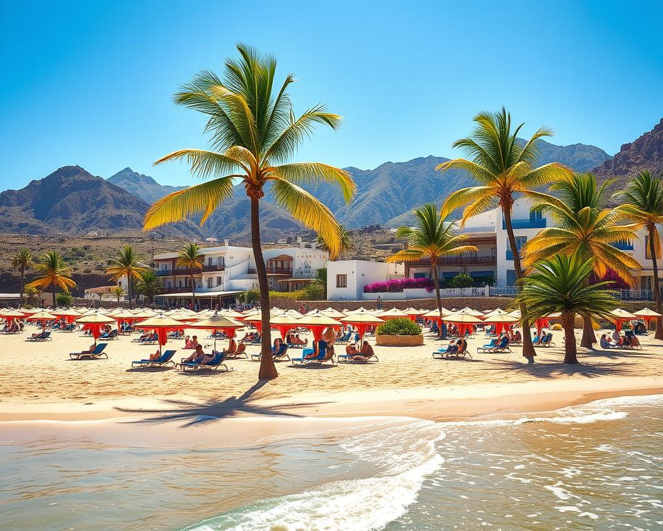 A scenic view of the warmest Canary Island in winter, showcasing a beautiful sandy beach with gentle waves lapping at the shore. In the foreground, vibrant palm trees sway lightly in the warm breeze, surrounded by colorful beach umbrellas and sun loungers occupied by people in modest summer attire enjoying the sunshine. The middle of the image features a picturesque coastal village with whitewashed buildings adorned with bougainvillea, all basking in bright sunlight. In the background, majestic mountains rise against a clear blue sky, creating a stunning contrast. The atmosphere is inviting and relaxing, radiating warmth and tranquility, captured with soft natural lighting and a wide-angle lens to emphasize the expansive beauty of the landscape.