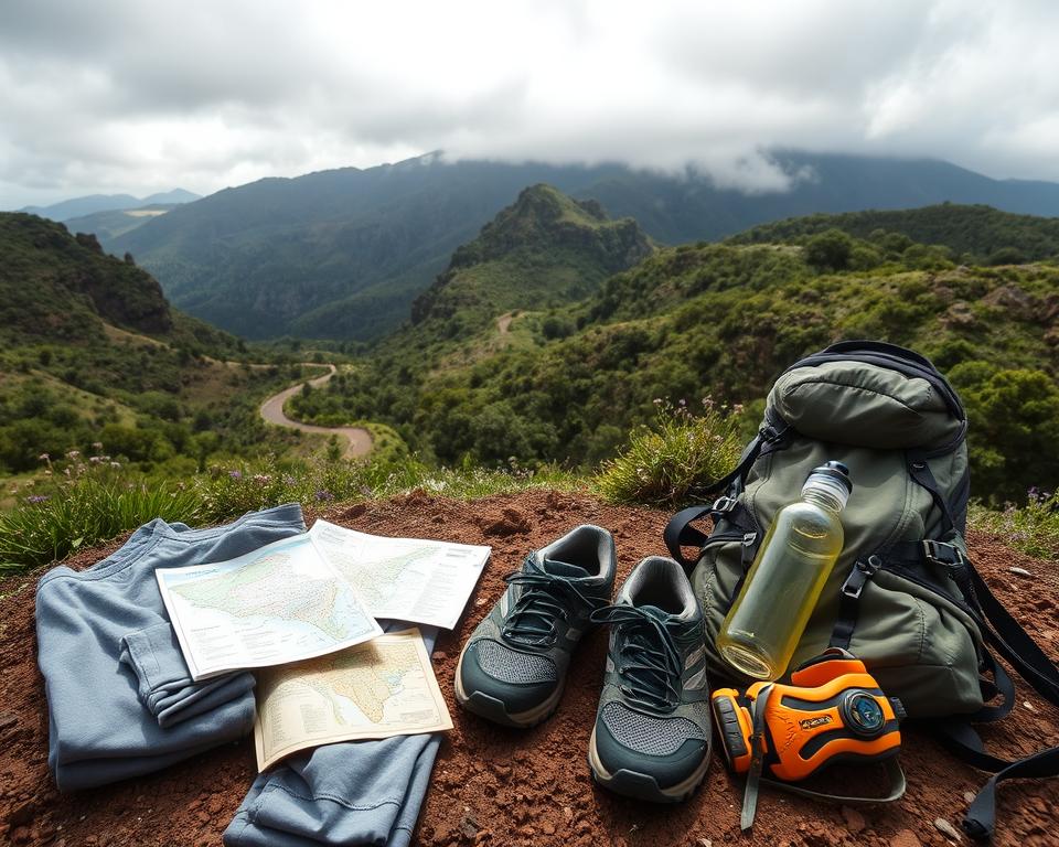 A scenic view showcasing essential hiking gear laid out in a natural setting of the Anaga Mountains in Tenerife. In the foreground, neatly arranged items such as sturdy hiking shoes, breathable clothing, a lightweight backpack, a map, and a water bottle. In the middle ground, a winding trail leading into lush, green highland forests, dotted with wildflowers. The background features rugged mountains under soft, diffused sunlight filtering through a canopy of clouds, evoking a serene, inviting atmosphere. Use a wide-angle lens to capture depth and detail, emphasizing the rugged beauty of the landscape. The mood is adventurous and inspiring, perfect for nature enthusiasts preparing for a hike in Anaga.