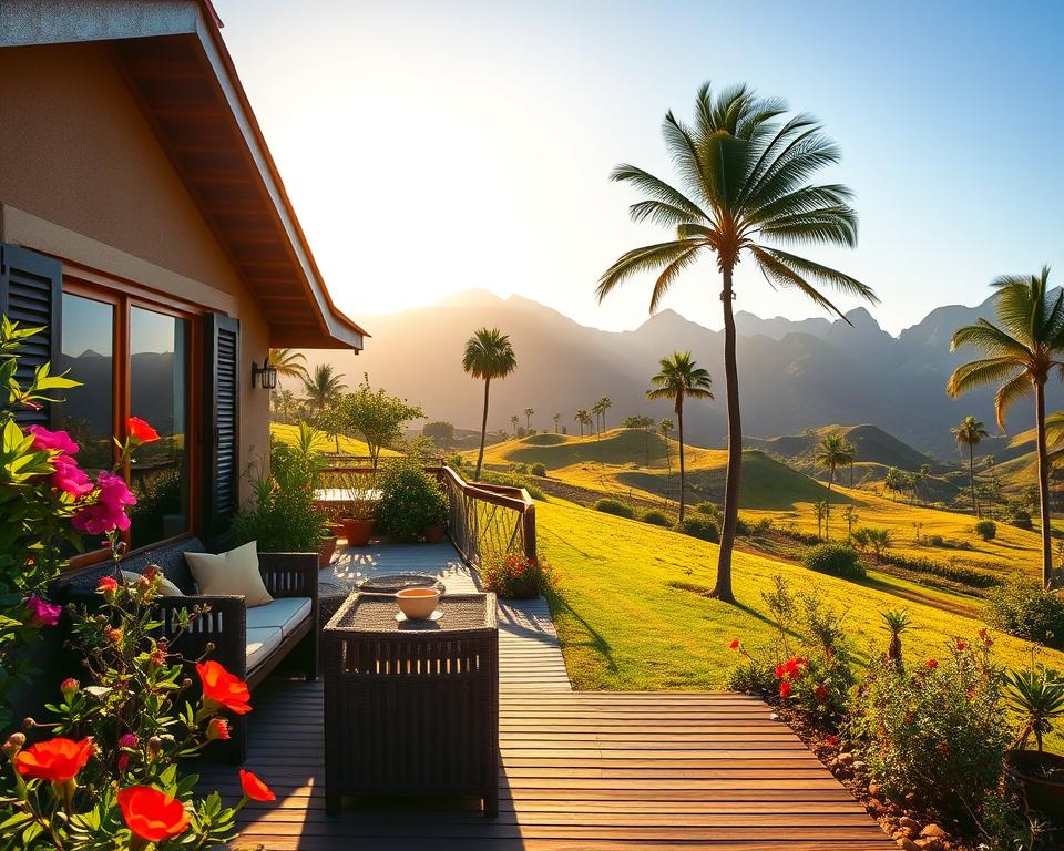 A serene and tranquil accommodation scene on La Gomera, featuring a cozy, rustic-style bungalow surrounded by lush greenery and vibrant flowers. In the foreground, a wooden terrace with comfortable outdoor seating invites relaxation. The middle ground presents smoothly rolling hills and scattered palm trees, leading to the inviting entrance of the bungalow with large windows reflecting the warm sunlight. The background showcases the majestic mountains of La Gomera under a clear blue sky, creating a perfect backdrop. The mood is peaceful and idyllic, filled with warm golden light of the late afternoon sun, enhancing the inviting atmosphere. The scene captures the essence of a quiet retreat in nature, perfect for those seeking a peaceful getaway.