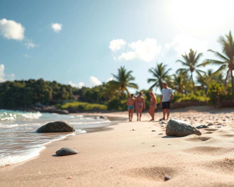 A serene beach scene depicting safety at Playa de la Solapa. In the foreground, a family gathers near the water's edge, wearing modest casual clothing, enjoying their time responsibly. The middle ground features gentle waves lapping at the sandy shore with a few smooth rocks scattered around, signaling the importance of staying cautious. In the background, lush greenery and palm trees frame the scene, under a bright blue sky with soft, fluffy clouds. The sunlight casts a warm glow, creating inviting shadows on the sand. The overall mood is peaceful and safe, encouraging responsible beach behavior while highlighting the beautiful landscapes of the beach. The image is captured from a low angle, enhancing the sense of depth and connection to the sandy beach.
