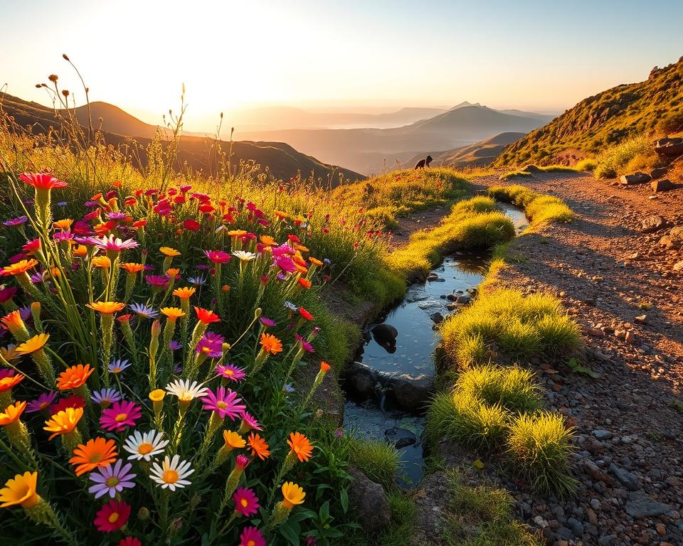 A serene exploration of the natural landscape in Caldera de los Cuervos, capturing the lush flora and diverse wildlife along the path. In the foreground, vibrant wildflowers in a spectrum of colors, gently swaying in the breeze, next to a small, clear stream reflecting the sunlight. In the middle ground, a variety of small animals such as lizards and birds interacting harmoniously with their environment, showcasing the rich biodiversity. The background features soft hills and a distant view of the volcanic caldera, bathed in golden sunlight during the golden hour, creating a magical, tranquil atmosphere. Use a wide-angle lens to emphasize depth, focusing on capturing the vivid colors and textures of the landscape while ensuring a softly blurred background to enhance the surrounding beauty.