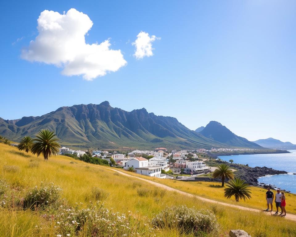 A serene landscape of El Hierro, the smallest of the Canary Islands, showcasing its mild climate. In the foreground, soft green hills dotted with wildflowers and palm trees gently sway in a light breeze. The middle ground features a peaceful coastal village with whitewashed buildings, blending harmoniously with the natural surroundings, where locals in casual clothing enjoy the tranquility. In the background, rugged volcanic mountains rise under a clear blue sky, with a few fluffy white clouds above. The sunlight bathes the scene in a warm, golden glow, creating an inviting atmosphere that emphasizes relaxation and harmony. The composition captures a balanced view of nature and community, embodying the essence of El Hierro as a tranquil refuge.
