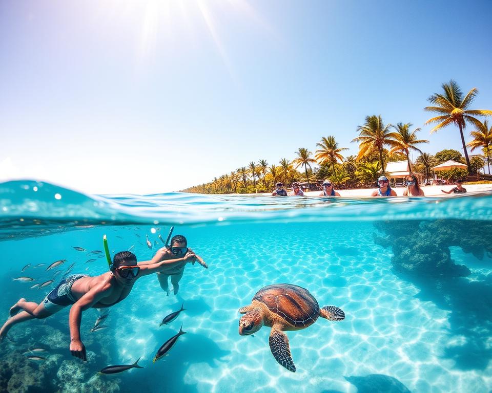 A serene scene of snorkeling at Playa de la Solapa, showcasing a crystal-clear turquoise sea filled with vibrant marine life. In the foreground, a diverse group of individuals, wearing modest and colorful snorkeling gear, are exploring the underwater world, observing schools of tropical fish and coral reefs. In the middle ground, sunbeams pierce through the water, creating shimmering patterns on the sandy seabed, while a lone sea turtle glides gracefully by. The background features beautiful palm trees lining the beach under a bright, sunny sky with a few fluffy clouds. The atmosphere is calm and inviting, reflecting the joy of water activities and relaxation in a tropical paradise. The image captures the essence of a perfect beach day without any text or watermarks.