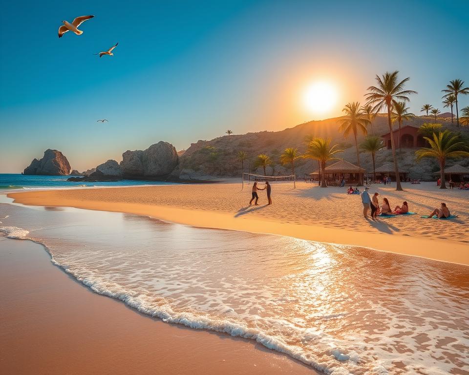 A stunning coastal scene at Playa de la Solapa, featuring a serene beach with soft, golden sand stretching into azure waters. In the foreground, gentle waves lap at the shore, creating a calming rhythm. A few seagulls soar gracefully in the clear blue sky, adding life to the serene atmosphere. In the middle ground, sunbathers relax on colorful beach towels, dressed in casual summer attire, enjoying the warm sun. A small group of friends plays beach volleyball, capturing the spirit of fun and camaraderie. In the background, lush palm trees sway lightly in the breeze, framing the scene against a backdrop of rocky cliffs. The lighting is warm and inviting, with the sun low on the horizon, casting a golden hue over the landscape, evoking a perfect day at the beach.