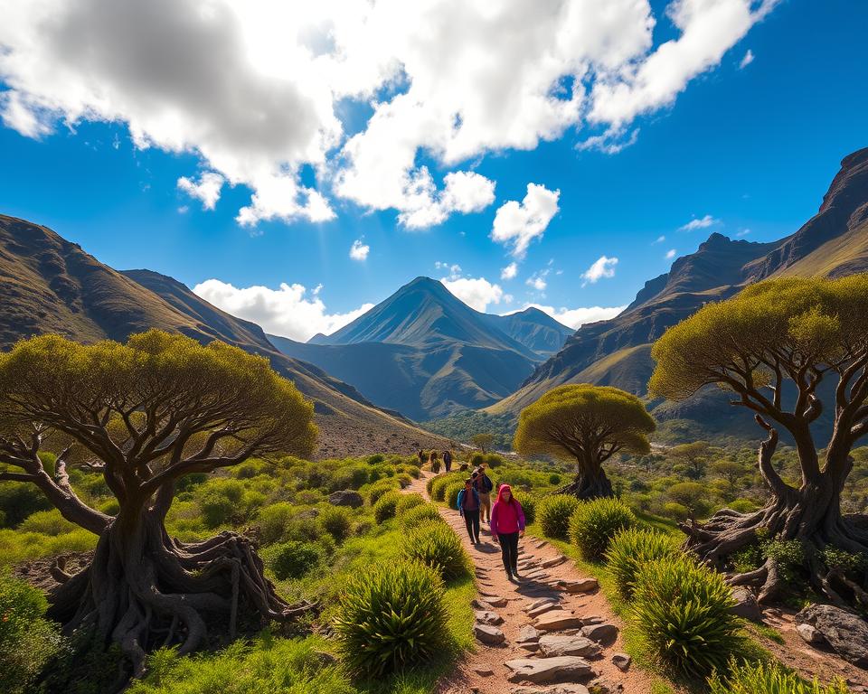 A stunning landscape showcasing the Anaga Mountains in Tenerife, featuring lush, green hills and dramatic cliffs. In the foreground, a winding path leads through dense forests filled with unique flora, such as giant ferns and ancient trees whose roots twist and turn over rocks. In the middle ground, a small group of hikers dressed in colorful yet modest outdoor attire navigates the trail, their expressions filled with awe at the natural beauty surrounding them. The background is dominated by majestic volcanic peaks under a bright blue sky, scattered with soft, cotton-like clouds. Golden sunlight filters through the trees, creating a warm and inviting atmosphere. The scene captures the essence of adventure and serenity in nature, highlighting the allure of this hiking destination.