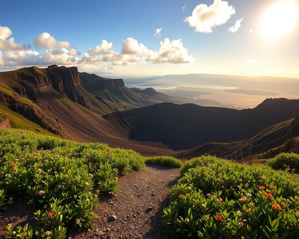 A stunning view of Caldera de los Cuervos Park, showcasing its natural beauty. In the foreground, vibrant green vegetation with small, colorful wildflowers, leading to a gravel path that guides visitors. In the middle ground, the dark volcanic caldera contrasts with the bright skies, dotted with fluffy clouds. Majestic cliffs envelop the caldera, casting soft shadows. In the background, distant mountains provide a sense of scale, under a warm, golden sunset glow. The atmosphere is tranquil and inviting, encouraging exploration. Use a wide-angle lens to capture the expansive landscape, with natural lighting that enhances the textures of the volcanic rock and greenery. No people are present to focus solely on the environment.