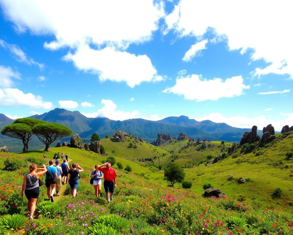 A stunning view of the Anaga Mountains in Tenerife during a guided day hike. In the foreground, a diverse group of hikers in modest casual clothing, exploring lush green trails lined with vibrant wildflowers. The middle features rolling hills, dotted with ancient trees and unique rock formations, inviting exploration. In the background, the majestic peaks of the Anaga Mountains rise under a brilliant blue sky, with soft white clouds casting gentle shadows over the landscape. The scene is illuminated by warm, natural sunlight, enhancing the colors of the greenery and the blue of the sky. The overall mood is one of adventure and tranquility, conveying a sense of connection with nature and the beauty of hiking in the Anaga region.