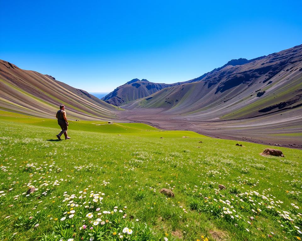 A tranquil scene in the Caldera de los Cuervos, showcasing pristine natural beauty and the ethos of "Leave No Trace." In the foreground, a fresh green meadow dotted with wildflowers, with a single traveler dressed in modest, casual outdoor clothing carefully treading lightly. The middle ground features gently rolling hills transitioning into the caldera's dramatic rocky terrain, with vibrant colors underscoring the richness of untouched nature. The background displays majestic volcanic formations under a bright blue sky, diffused sunlight creating a serene and inviting atmosphere. The overall mood is peaceful and respectful of nature, emphasizing the essence of sustainable travel. Shot with a wide-angle lens to capture the expansive landscape and vivid details, in natural light to enhance the scene’s authenticity.