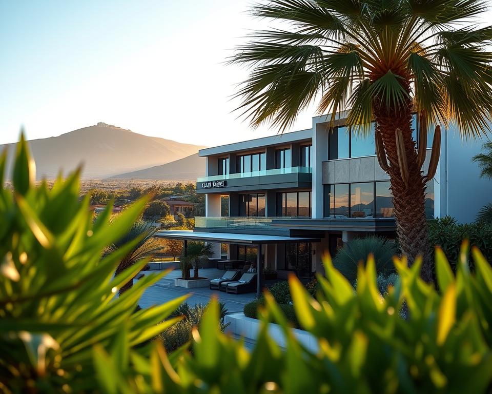 A tranquil view of "Unterkunft Gran Tarajal," featuring a modern, stylish hotel that blends seamlessly with the surrounding landscape. In the foreground, lush native plants and well-tended gardens frame the entrance, inviting guests. The middle ground showcases the hotel building with large windows reflecting the vibrant blue sky and warm sunlight, creating a welcoming atmosphere. In the background, the gentle hills of Fuerteventura rise under the soft glow of golden hour light, hinting at the island's natural beauty. The scene is bathed in warm, soft lighting, emphasizing a relaxed, peaceful mood. Capture this idyllic setting from a slight elevation to highlight the harmony between the accommodation and its serene environment.